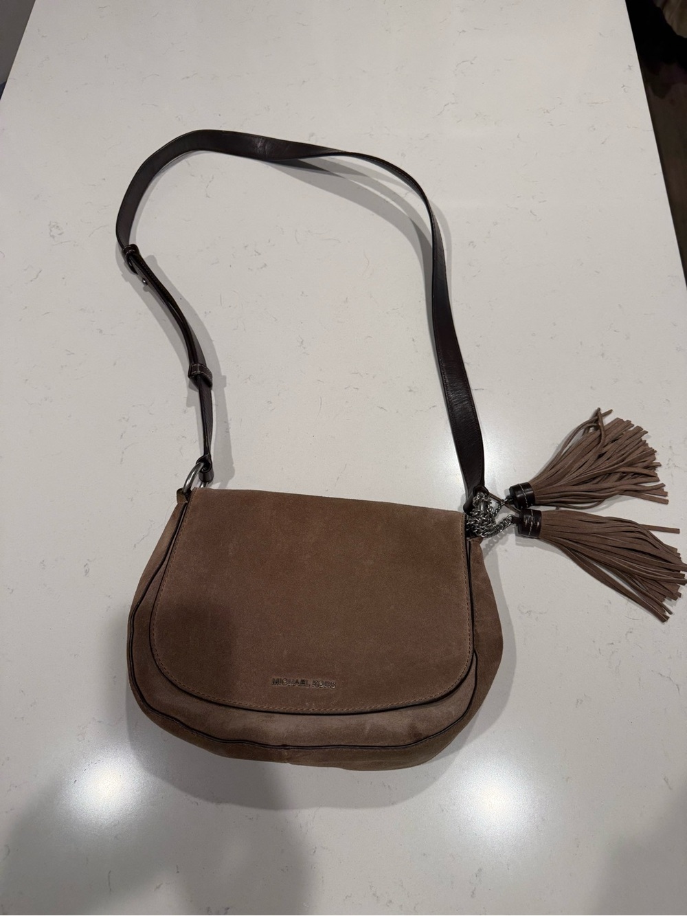 Brown Suede Michael Kors Crossbody Bag with Tassel Accent
